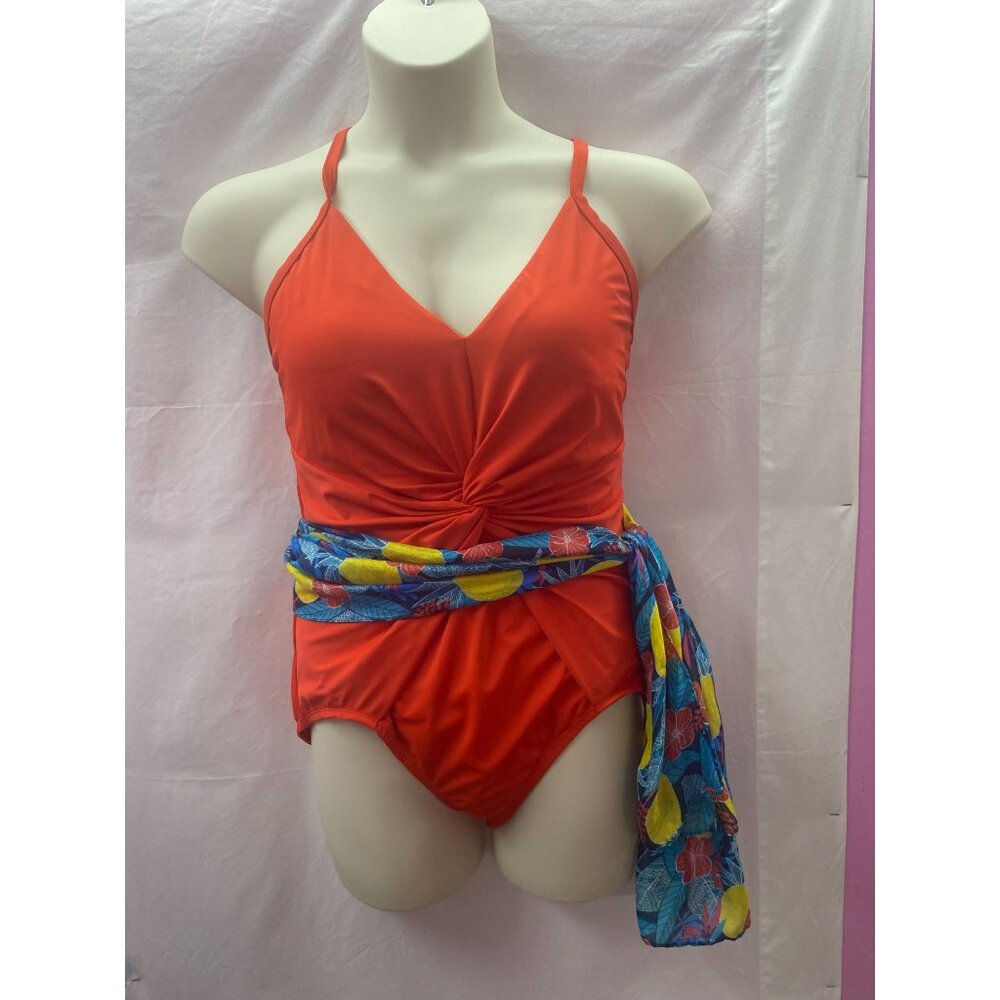 Time & Tru Women's 1X Red-Orange Twist-Front Swim Suit w/ Accent Tropical Belt